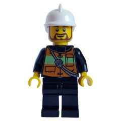Minifigurka LEGO Fireman with Reflective Stripe Vest with Pockets and Radio on Shoulder Strap, White Fire Helmet, and Beard