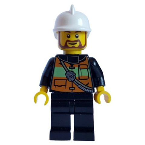 Minifigurka LEGO Fireman with Reflective Stripe Vest with Pockets and Radio on Shoulder Strap, White Fire Helmet, and Beard