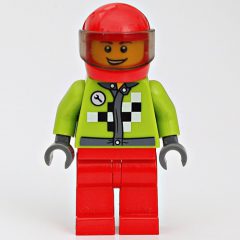Minifigurka LEGO Racer with Lime Jacket with Black and White Checks, Red Helmet with Trans-Brown Visor