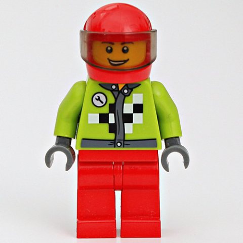 Minifigurka LEGO Racer with Lime Jacket with Black and White Checks, Red Helmet with Trans-Brown Visor
