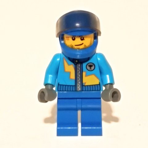 Minifigurka LEGO Racer with Dark Azure Jacket with Zipper and Yellow Lightning Bolt, Blue Helmet with Trans-Brown Visor