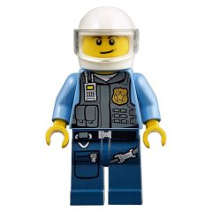 Minifigurka LEGO Policeman in Vest with Gold Badge, Radio, and Pockets. White Helmet with Trans-Clear Visor