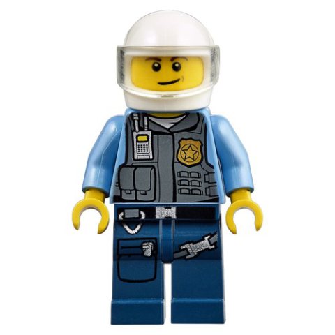 Minifigurka LEGO Policeman in Vest with Gold Badge, Radio, and Pockets. White Helmet with Trans-Clear Visor