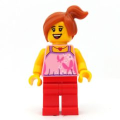 Minifigurka LEGO Child with Bright Pink Top with Butterflies and Flowers, Red Legs, Off-center Ponytail