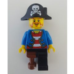 Minifigurka LEGO Pirate with Blue Jacket over Red and White Striped Shirt, Peg Leg, and Pirate Hat with Skull
