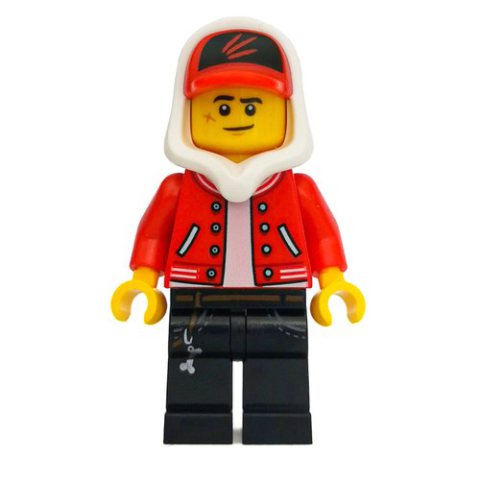 Minifigurka LEGO Jack Davids, Red Jacket with White Hood and Red Cap, Scared / Smirk