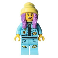 Minifigurka LEGO Parker L. Jackson, Bright Light Blue Denim Jacket, Bright Light Yellow Beanie Hat, Medium Lavender Hair, Scared / Open Mouth