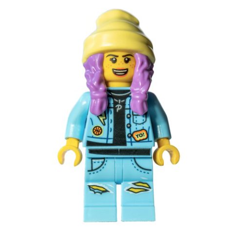 Minifigurka LEGO Parker L. Jackson, Bright Light Blue Denim Jacket, Bright Light Yellow Beanie Hat, Medium Lavender Hair, Scared / Open Mouth