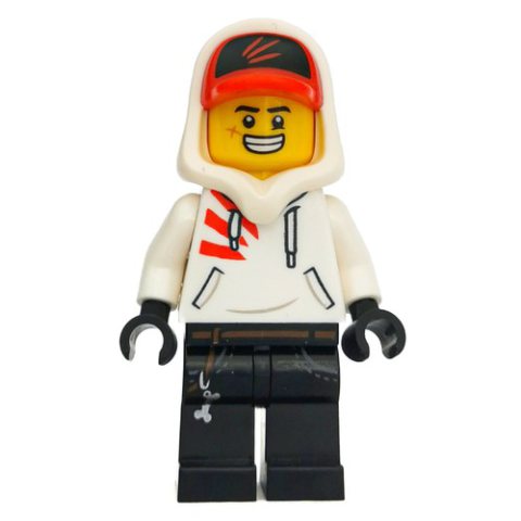 Minifigurka LEGO Jack Davids, White Hoodie with Hood and Red Cap, Angry / Large Grin