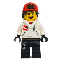 Minifigurka LEGO Jack Davids, White Hoodie with Downed Hood and Red Backwards Cap, Scared / Open Mouth