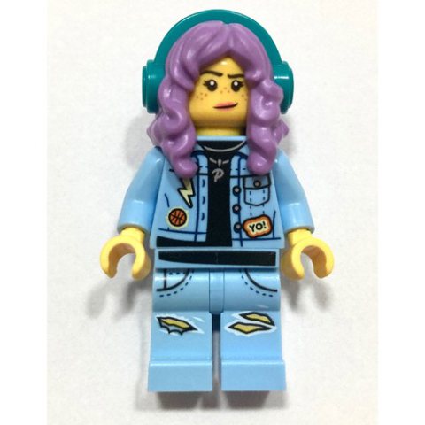 Minifigurka LEGO Parker L. Jackson, Bright Light Blue Denim Jacket, Medium Lavender Hair with Headphones, Angry / Smirk
