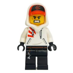 Minifigurka LEGO Jack Davids, White Hoodie with Hood and Red Cap, Angry / Smile