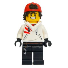 Minifigurka LEGO Jack Davids, White Hoodie with Downed Hood and Red Backwards Cap, Angry / Smile