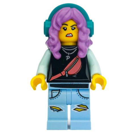 Minifigurka LEGO Parker L. Jackson, Black Top, Medium Lavender Hair with Headphones, Smile / Disgusted