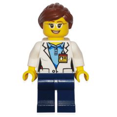 Minifigurka LEGO Scientist, Dark Blue Legs, Name Badge, Glasses, Female