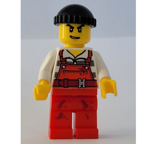 Minifigurka LEGO Criminal Joe Frankfurter, Red Overalls over Prison Shirt, Black Hat