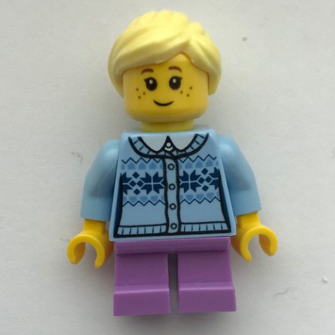 Minifigurka LEGO Girl, Cardigan Light Bright Blue, Short Medium Lavender Legs