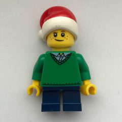 Minifigurka LEGO Boy, Green Sweater, Short Dark Blue Legs, Santa Hat