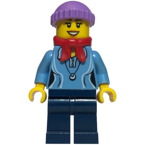 Minifigurka LEGO Woman, Medium Blue Polo Shirt with Necklace, Dark Blue Legs, Red Bandana Scarf, Medium Lavender Hat
