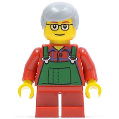 Minifigurka LEGO Elf, Green Overalls, Short Red Legs, Light Bluish Gray Hair, Glasses