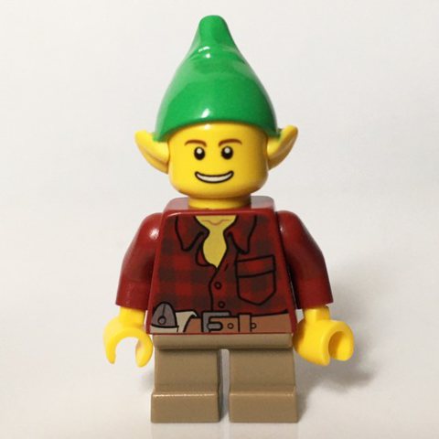 Minifigurka LEGO Elf, Dark Red Flannel Shirt, Bright Green Hat