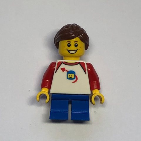 Minifigurka LEGO Girl, Classic Spaceman on Shirt, Short Blue Legs, Reddish Brown Ponytail