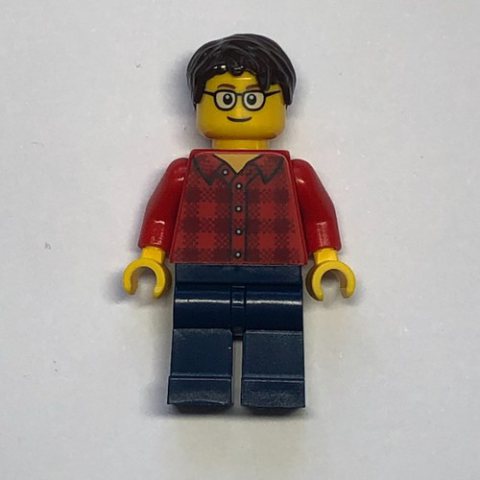 Minifigurka LEGO Man, Red Flannel Shirt, Dark Blue Legs, Glasses