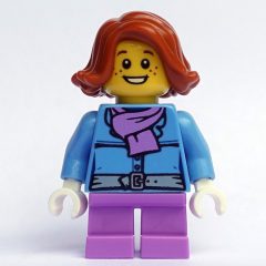 Minifigurka LEGO Girl, Medium Blue Jacket with Medium Lavender Scarf, Short Medium Lavender Legs, Dark Orange Hair