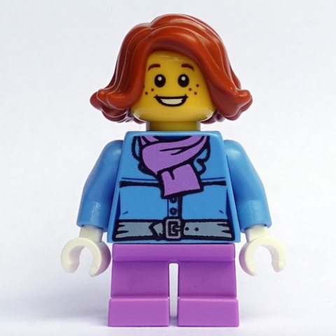 Minifigurka LEGO Girl, Medium Blue Jacket with Medium Lavender Scarf, Short Medium Lavender Legs, Dark Orange Hair