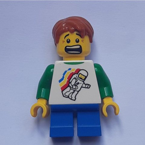 Minifigurka LEGO Boy, Floating Classic Spaceman on Shirt, Short Blue Legs, Dark Orange Hair