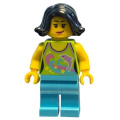 Minifigurka LEGO Woman, Lime Halter Top with Dolphins, Medium Azure Legs, Black Hair