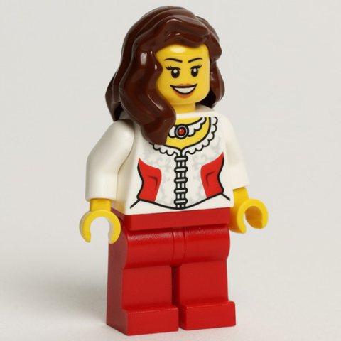 Minifigurka LEGO Woman, White Corset with Red Sides, Necklace, Red Legs