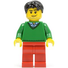 Minifigurka LEGO Man, Green V-Neck Sweater, Red Legs
