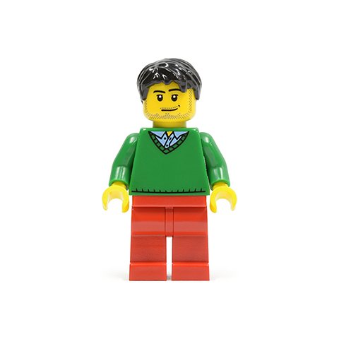 Minifigurka LEGO Man, Green V-Neck Sweater, Red Legs