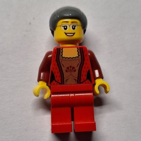 Minifigurka LEGO Woman, Red Cardigan, Red Legs, Dark Bluish Gray Hair, Glasses