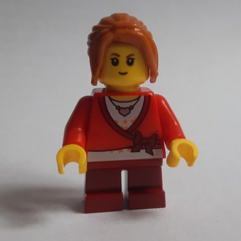 Minifigurka LEGO Girl, Cardigan Tied with Bow, Necklace, Short Dark Red Legs
