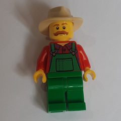 Minifigurka LEGO Man, Green Overalls over Red Shirt, Tan Wide Brim Hat