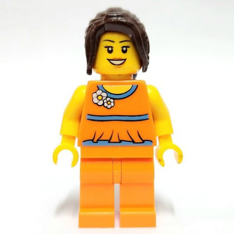 Minifigurka LEGO Woman, Orange Outfit with Flowers, Dark Brown Ponytail