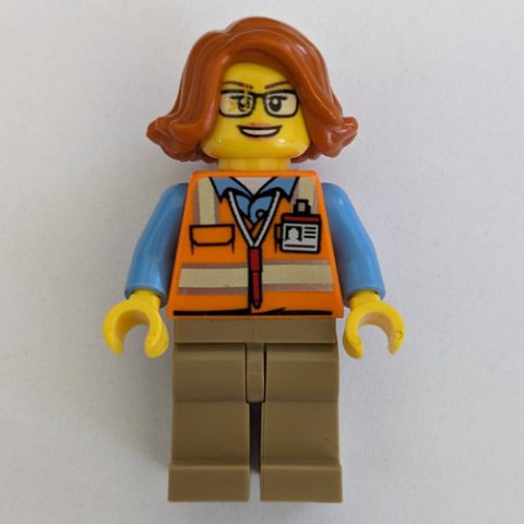 Minifigurka LEGO Woman, Orange Safety Vest, Dark Tan Legs, Glasses