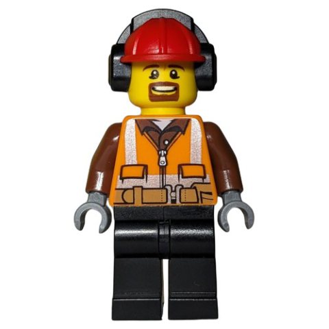 Minifigurka LEGO Man, Safety Vest with Belt, Black Legs, Red Hard Hat with Ear Defenders