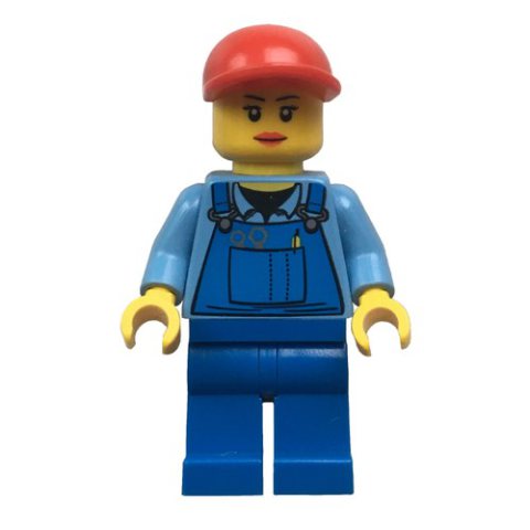 Minifigurka LEGO Woman, Blue Overalls, Red Cap