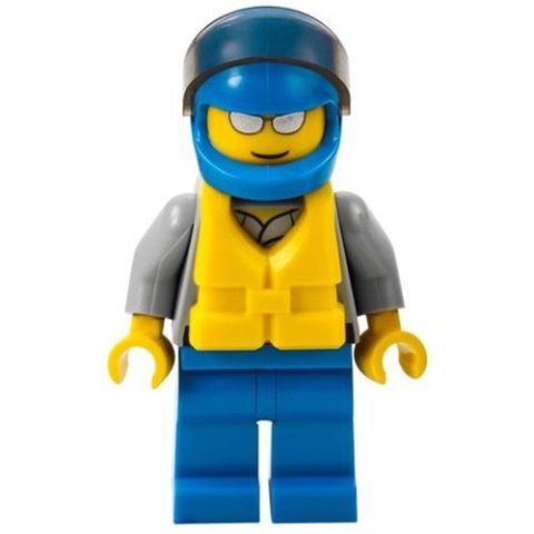 Minifigurka LEGO Coast Guard, Light Bluish Gray Shirt with Badge, Blue Helmet with Visor, Yellow Life Vest, Silver Sunglasses