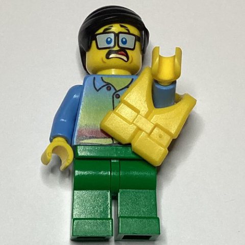 Minifigurka LEGO Man, Sunset Shirt with Palm Trees, Green Legs, Yellow Life Vest, Glasses