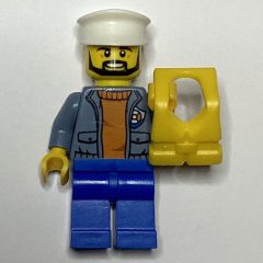 Minifigurka LEGO Coast Guard, Open Sand Blue Jacket with Badge over Orange Sweater, White Hat, Yellow Life Vest, Beard