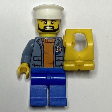Minifigurka LEGO Coast Guard, Open Sand Blue Jacket with Badge over Orange Sweater, White Hat, Yellow Life Vest, Beard
