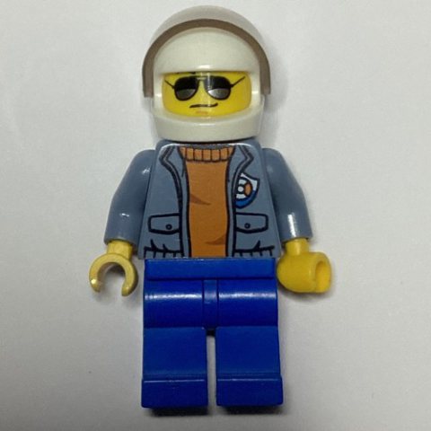 Minifigurka LEGO Coast Guard, Open Sand Blue Jacket with Badge over Orange Sweater, White Helmet with Visor, Sunglasses