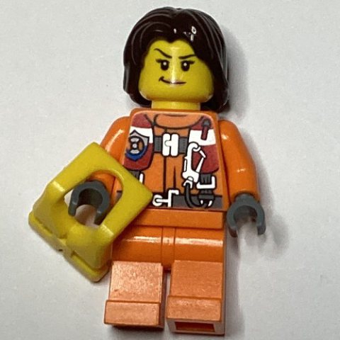 Minifigurka LEGO Coast Guard, Woman, Orange Jumpsuit, Yellow Life Vest, Dark Brown Hair