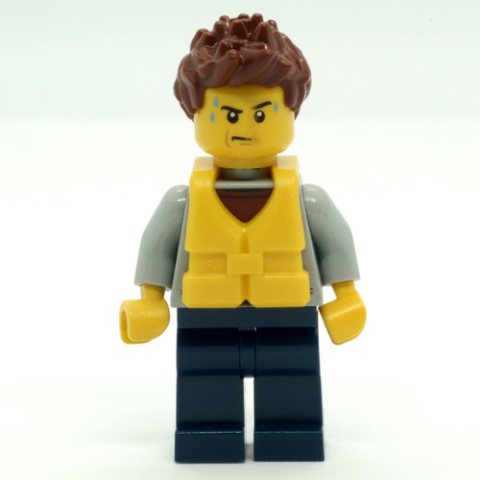 Minifigurka LEGO Man, Light Bluish Gray Hoodie over Dark Red Shirt, Dark Blue Legs, Yellow Life Vest