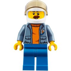 Minifigurka LEGO Coast Guard, Open Sand Blue Jacket with Badge over Orange Sweater, White Helmet with Visor, Moustache