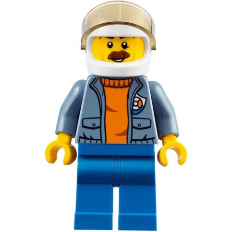 Minifigurka LEGO Coast Guard, Open Sand Blue Jacket with Badge over Orange Sweater, White Helmet with Visor, Moustache